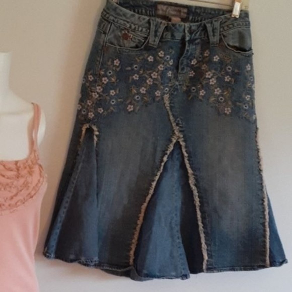 vintage jeans denim skirt flower embroidered jeans skirt 4 5 6 s cottagecore